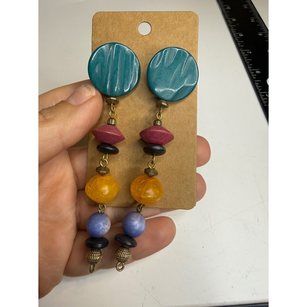 Multi Color Beaded Drop Earrings Teal Magenta Amber Periwinkle Long Dangle Post